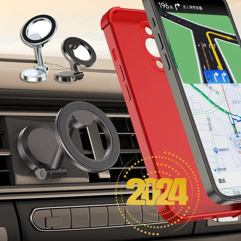 All-metal foldable magnetic car phone mount in Qian colour showing compact folded position and dashboard mounting
