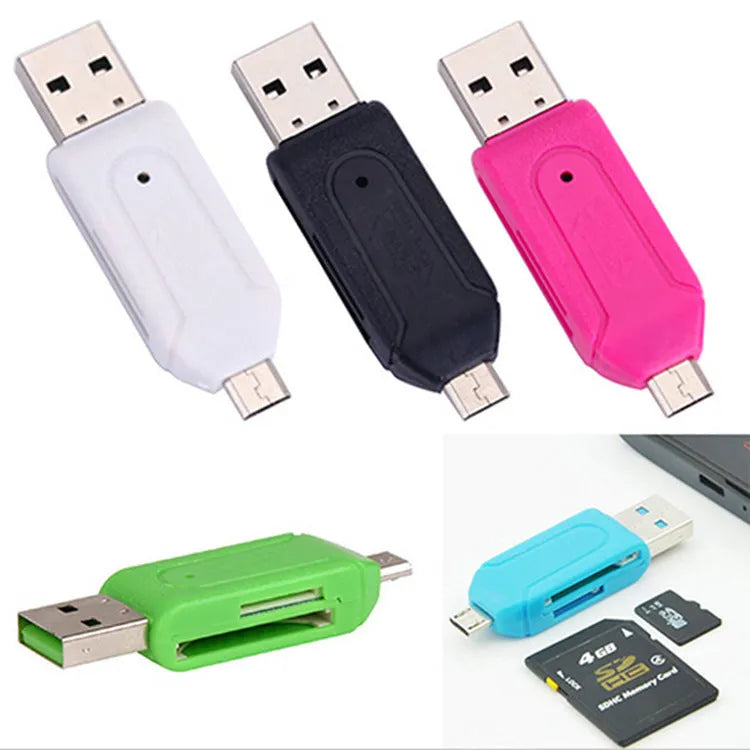 OTG dual-purpose card reader in white, pink, green, blue, or black with USB 2.0 and micro USB interfaces for SD and TF memory cards