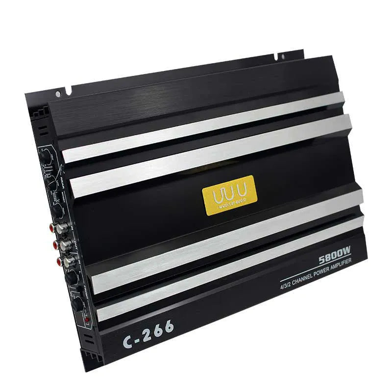4 channel 12V car audio power amplifier board in black aluminium alloy, 32cm x 26cm x 4cm, for 4 speakers or 2 speakers and 1 subwoofer