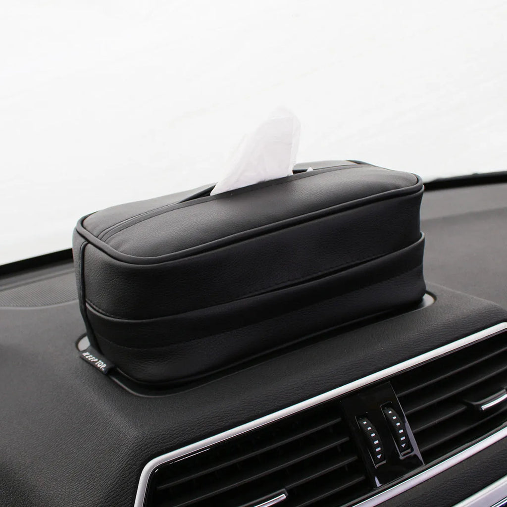 Black PU hanging leather box measuring 23x13x9cm with hanging loop for car storage