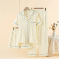 Women's cotton three-piece pyjama set with lapel collar and three-quarter sleeves in pastoral gold colour