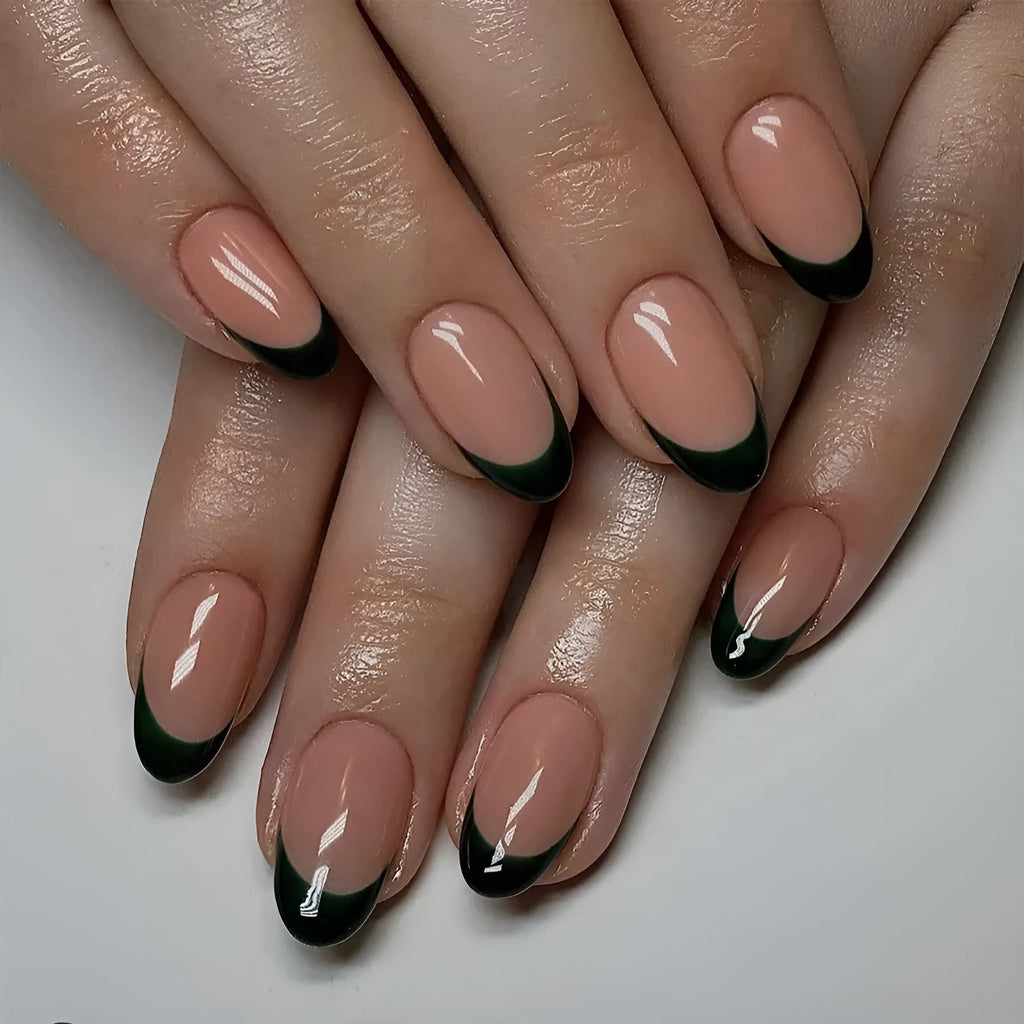 Almond-shaped false nails with black French manicure style, 24-piece set laid out