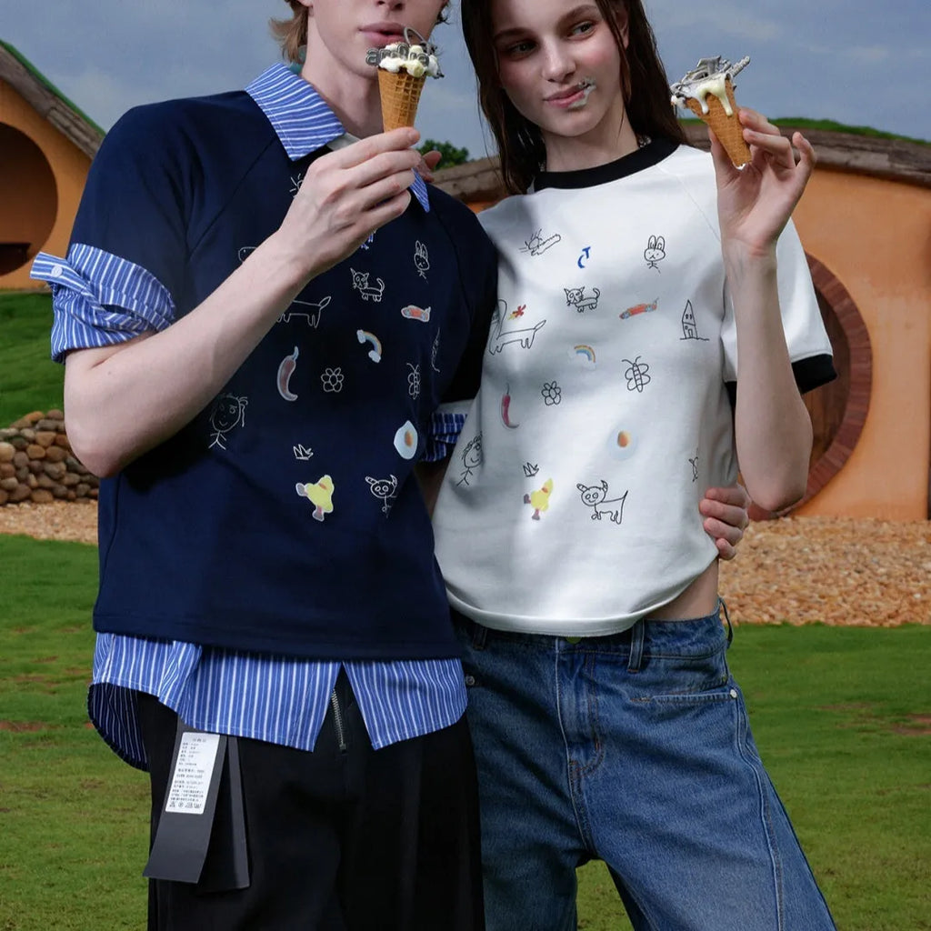 Men's loose fit cartoon printed short sleeve shirt in blue and white colour options