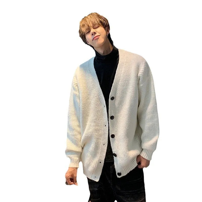 Men's loose-fit retro V-neck cardigan sweater in army green, shown on a hanger.