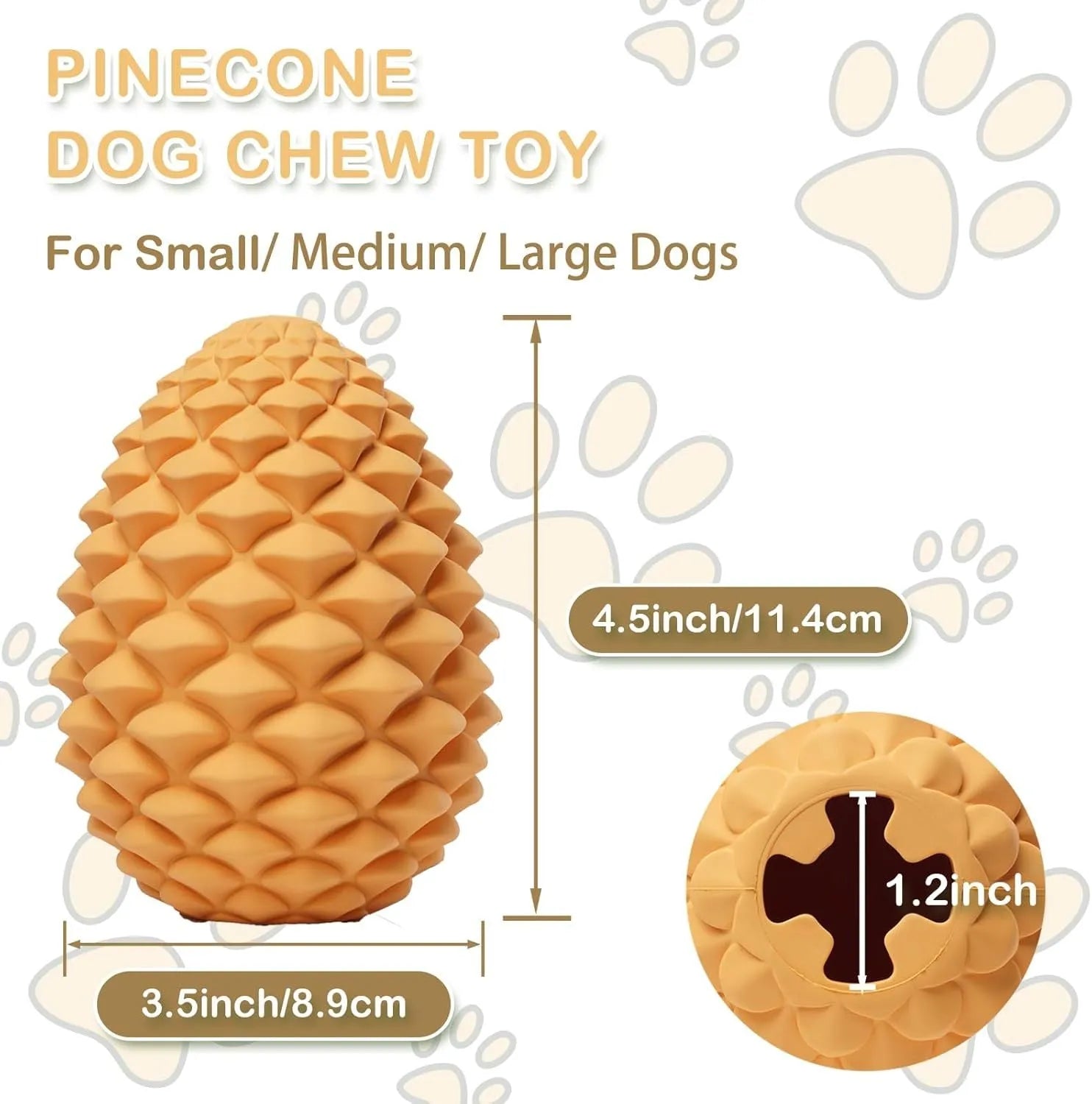 Pine cone-shaped yellow dog toy with treat dispenser, natural rubber, for medium to large dogs