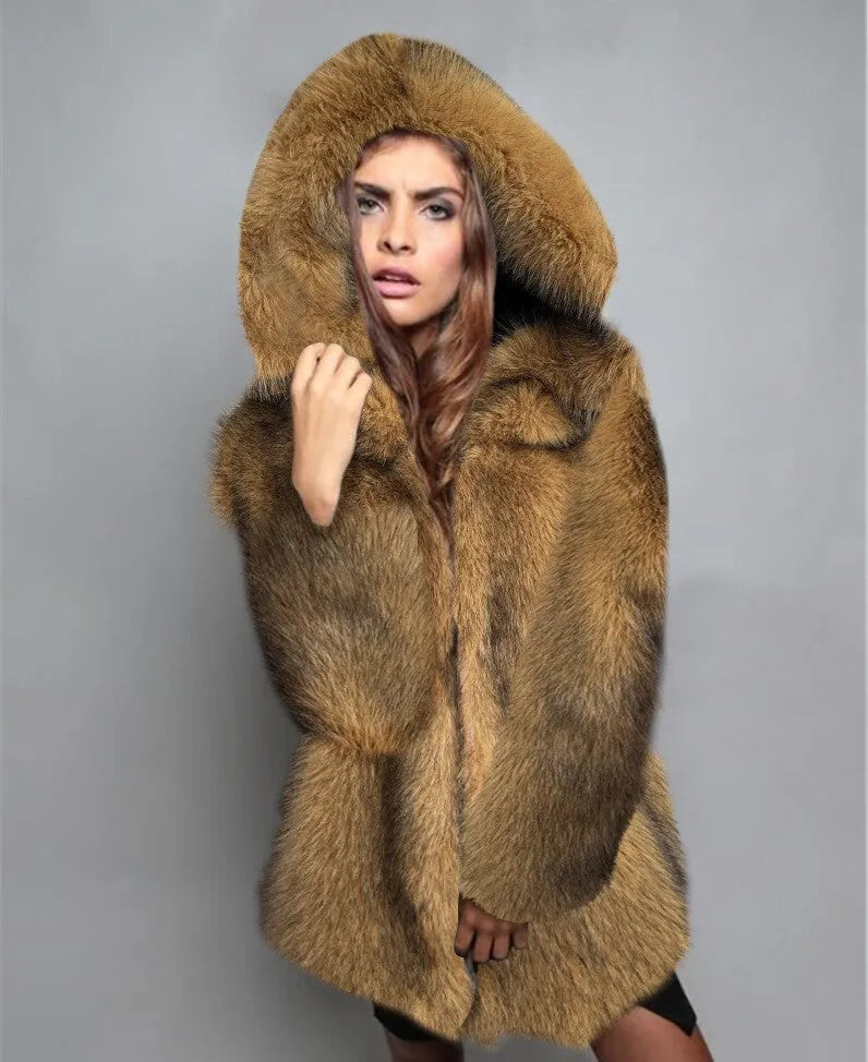 Silver grey artificial fur coat with 65cm length and regular sleeves, displayed on a model.