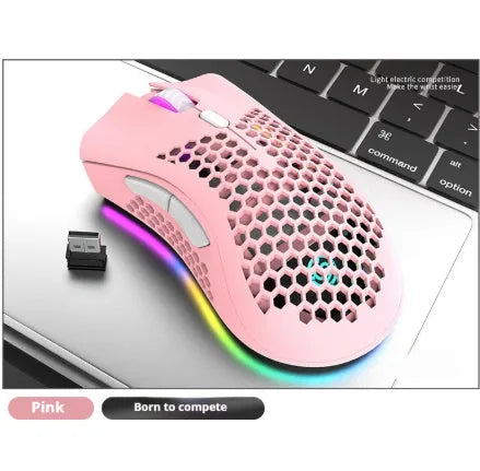 Hollow out wireless mouse with luminous effects in black, cyan, or white, showing dimensions of 123mm by 72mm by 46mm