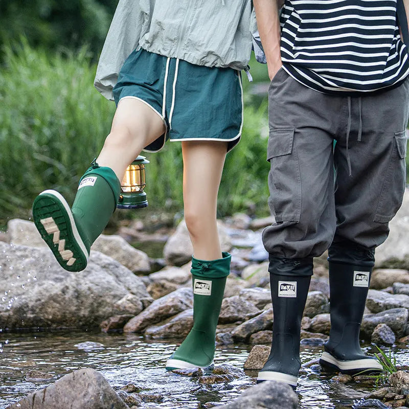 PVC platform high tube waterproof rain boots in beige colour with non-slip sole