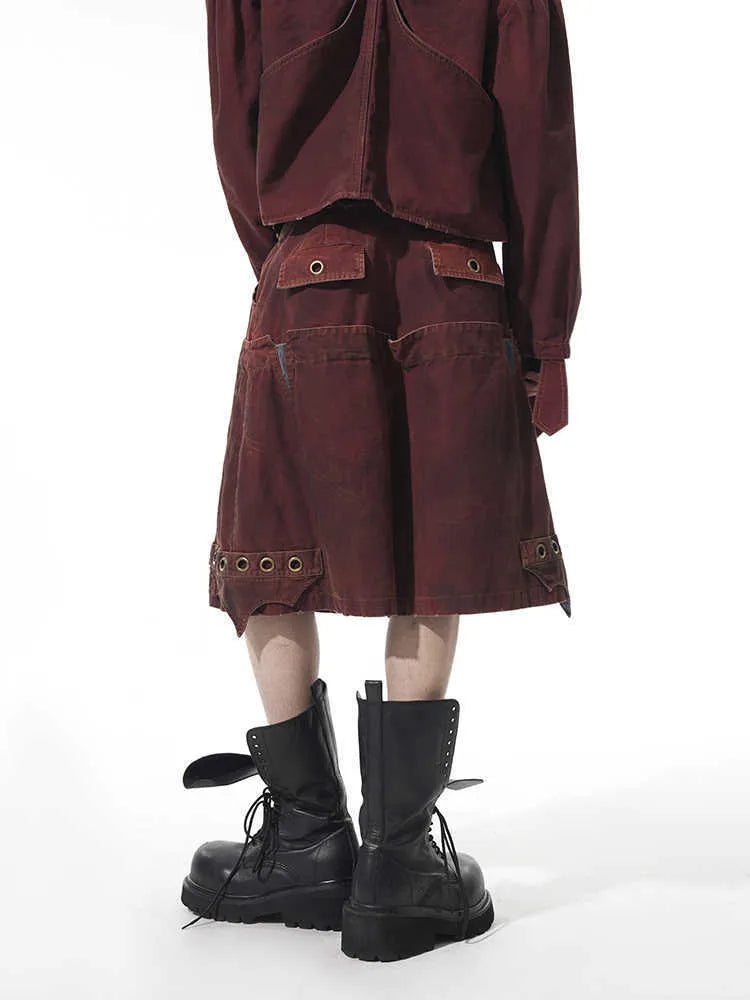 Men's black loose cropped pants with double waist design and washed stitching details
