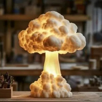 Mushroom cloud shaped table lamp with geometric cut patterns, USB power cable visible