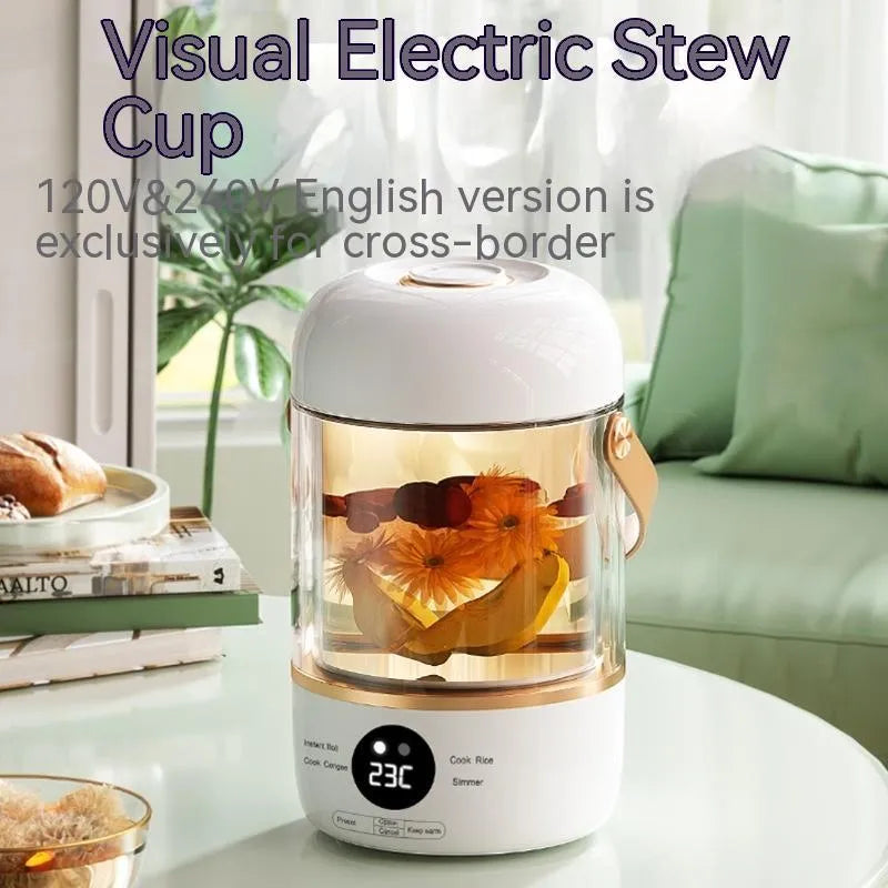 110V-240V electric stew cooker with transparent glass liner and fibre glass body, showing under 1-litre capacity