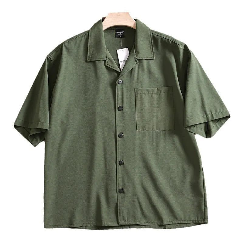 Men's lightweight pure cotton loose fit short sleeve shirt in Army Green colour