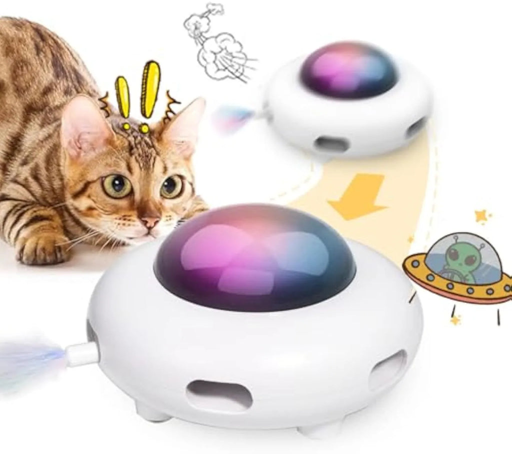 White interactive cat toy with colourful feathers and LED lights for indoor feline play