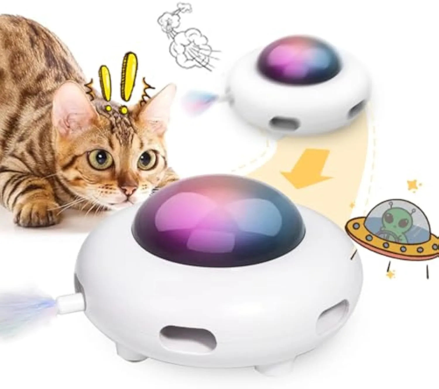 White interactive cat toy with colourful feathers and LED lights for indoor feline play