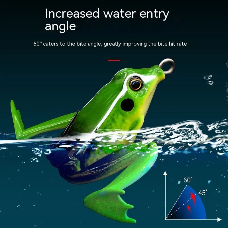 Realistic frog snake head shaped soft plastic fishing lure with double hooks in grass green colour.