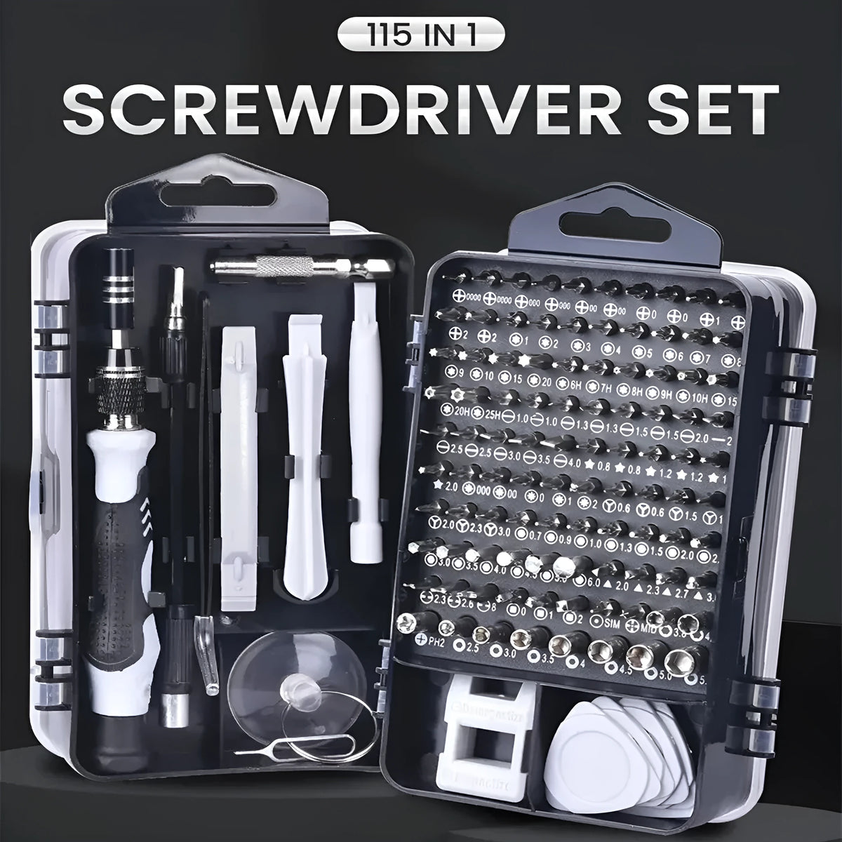 115-in-1 precision screwdriver set with 91 bits, non-slip handle and extension bar in a sturdy outer box