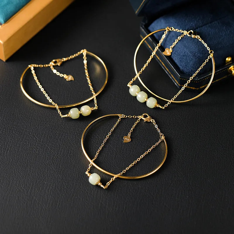 Hetian jade bracelet with gold-inlay treatment in single, double, or three-bead versions for women