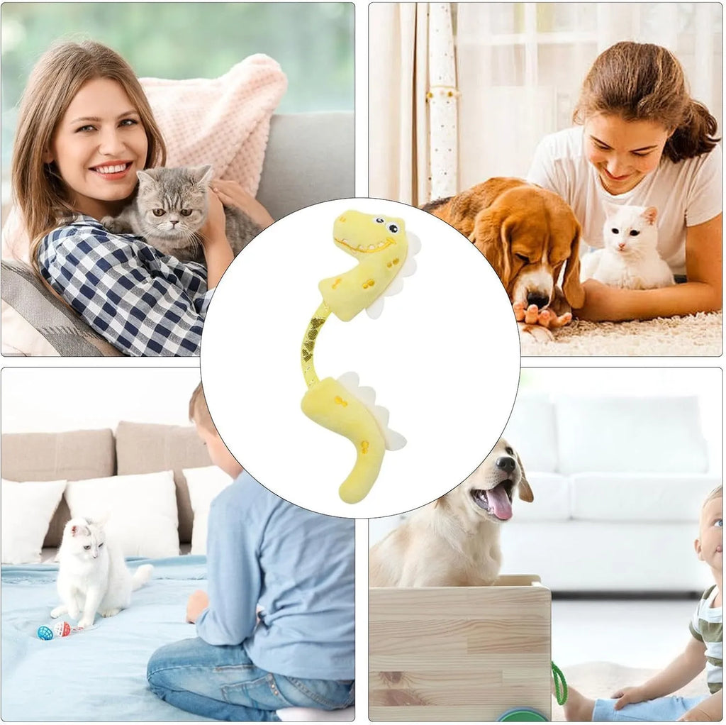 Four plush cat chew toys in pink, purple, and yellow colours showing mouse, fish, bunny, and catnip designs