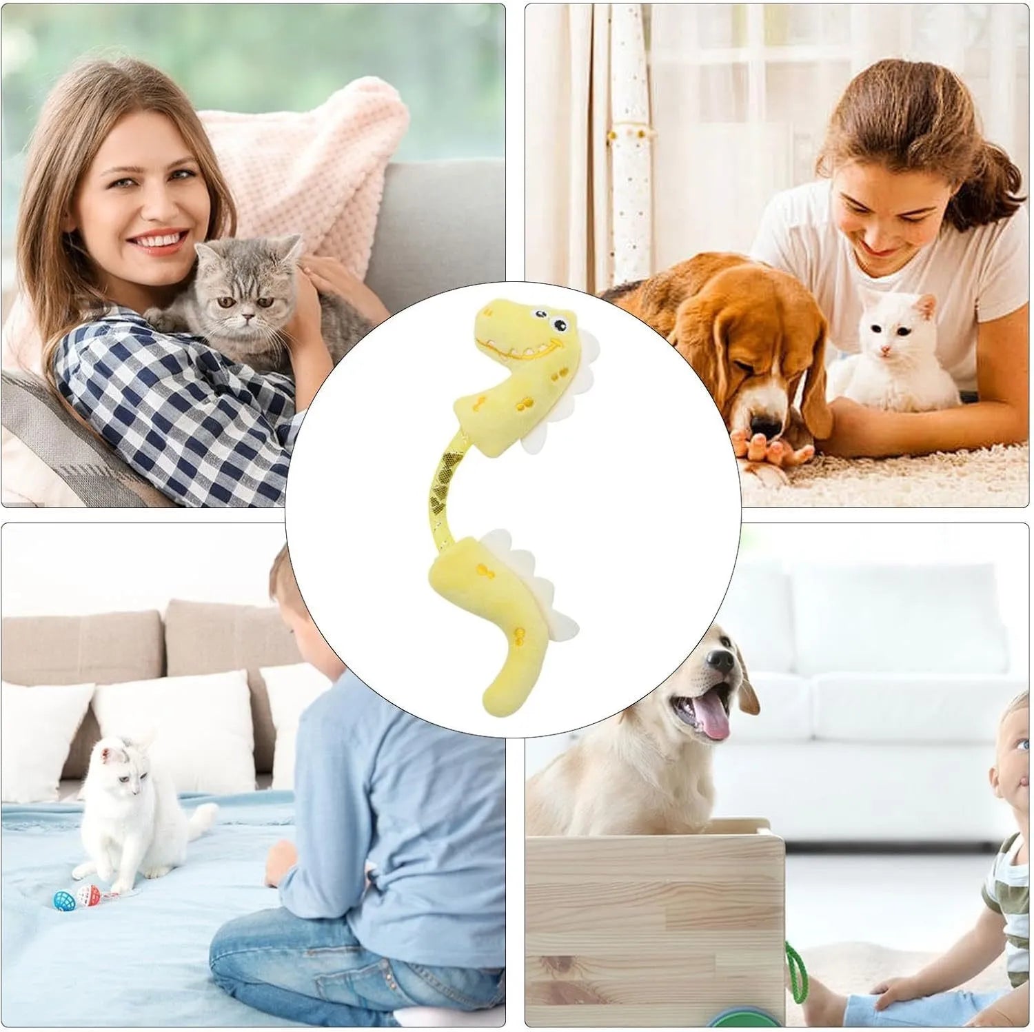 Four plush cat chew toys in pink, purple, and yellow colours showing mouse, fish, bunny, and catnip designs