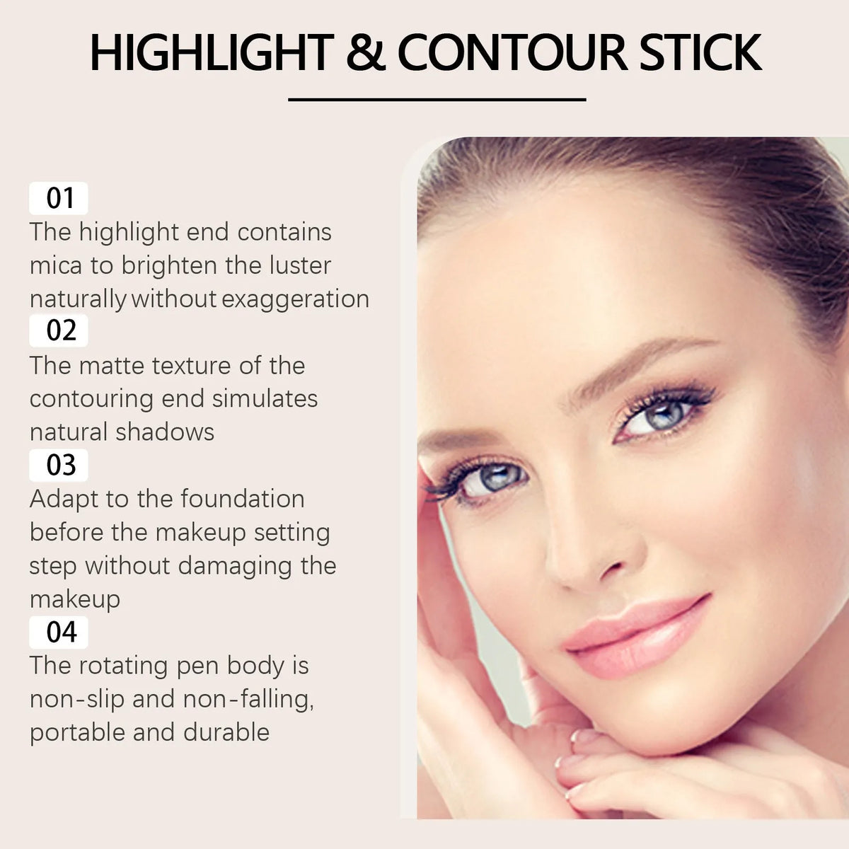 Dual-ended cream highlighter and contour stick for face makeup in matte, amber or high gloss finishes