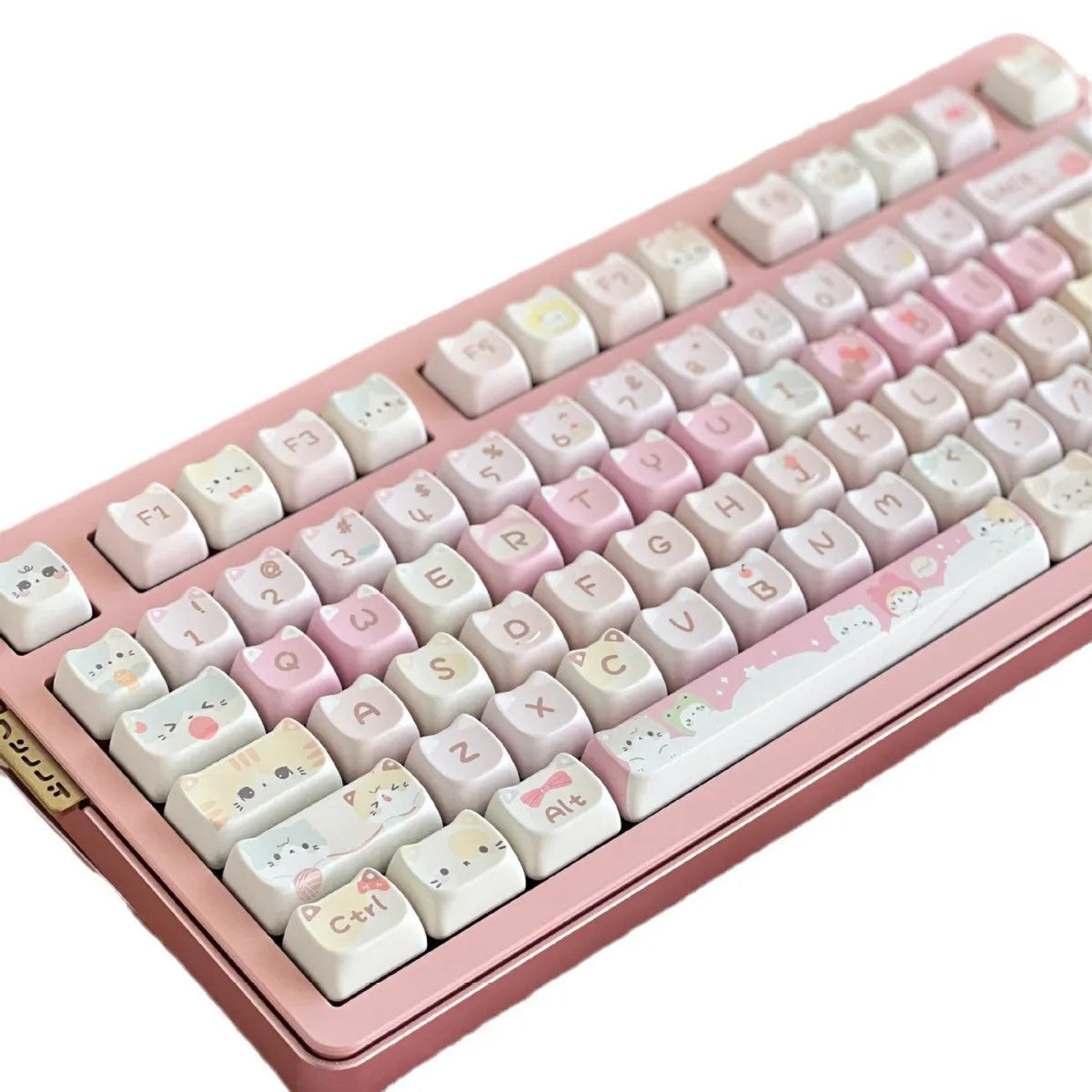Meow Meow Team 141 key cap set with five-sided sublimation printing shown on mechanical keyboard