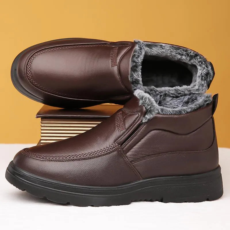 Black and brown waterproof fleece-lined casual winter slip-on shoes with a rubber sole.