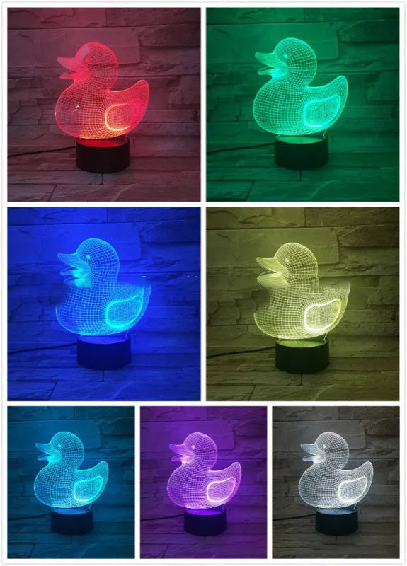 Little Yellow Duck 3D night light with acrylic panel and ABS base, showing colour options and remote control