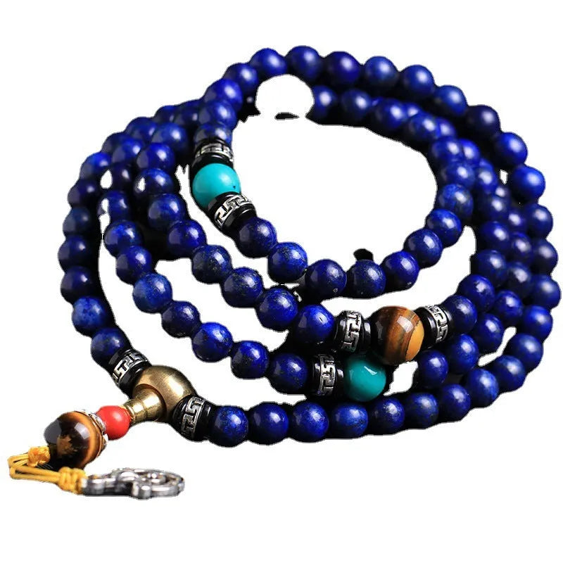 Handcrafted blue lapis lazuli 108 bead bracelet with zodiac charm
