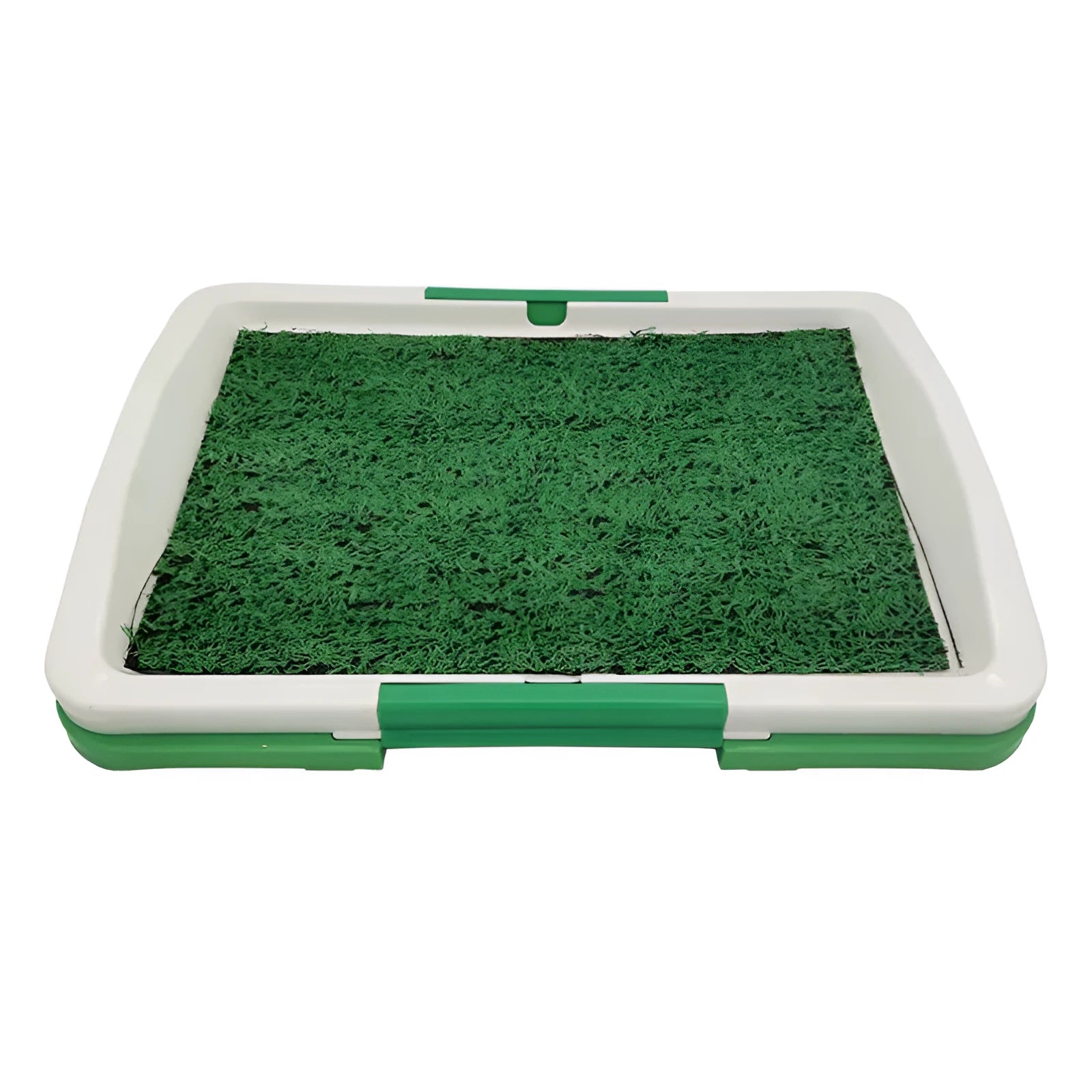 Green artificial grass dog toilet training tray with three-layer construction on a balcony.