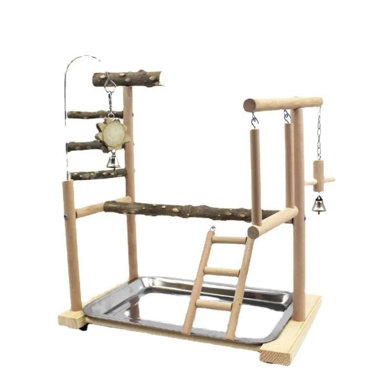 Natural pepper wood parrot stand with toy rack and textured tiger skin peony design.