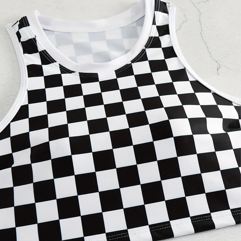 Women's check pattern racing swimsuit with backless suspender design in polyester fabric