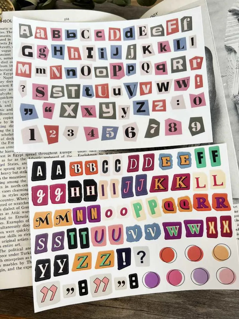 English letters and numbers symbol label sticker material decoration stickers showing alphabet sets and weekly words