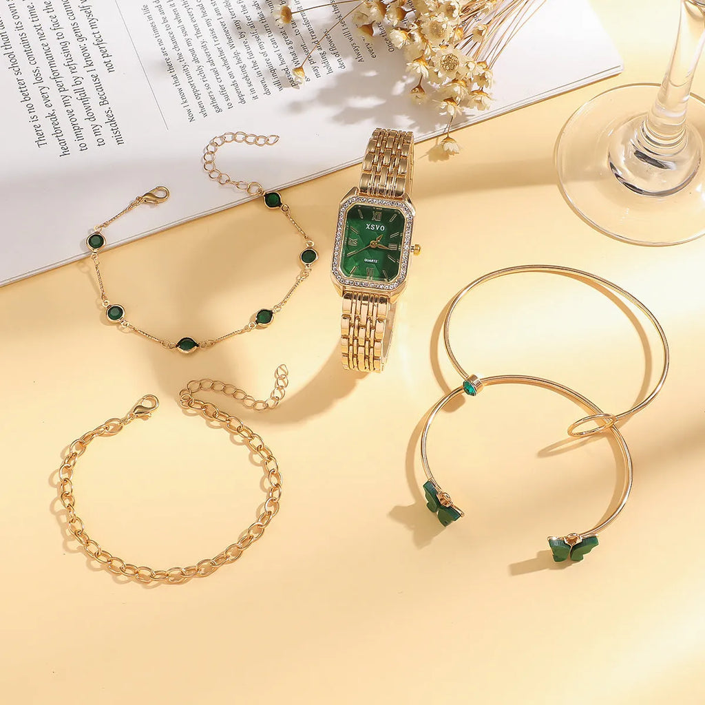 Gold green square steel watch with four matching bracelets in fashion accessory set