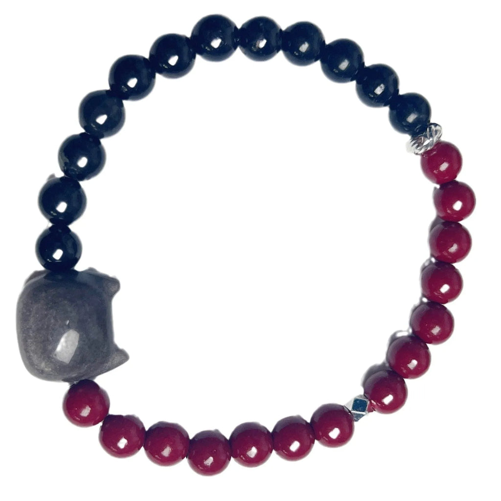 Handmade obsidian colour cat bracelet with carved black cat charm and colourful beads on black elastic cord