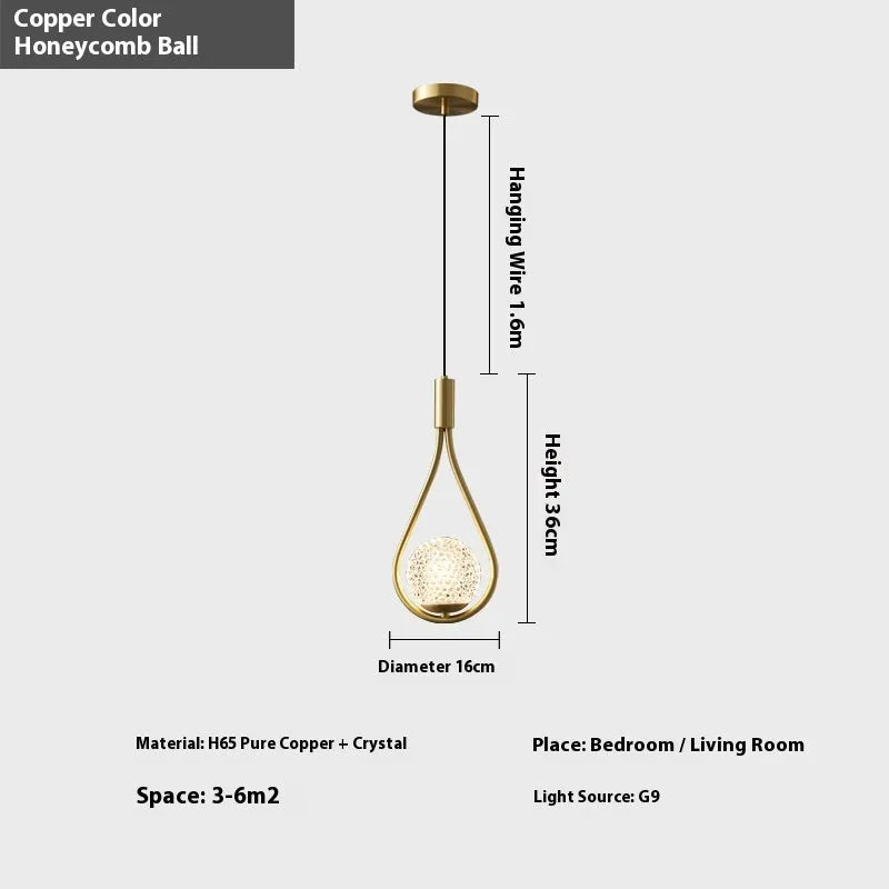 Copper modern minimalist bedside chandelier with 220V voltage and three light colour options for bedroom lighting