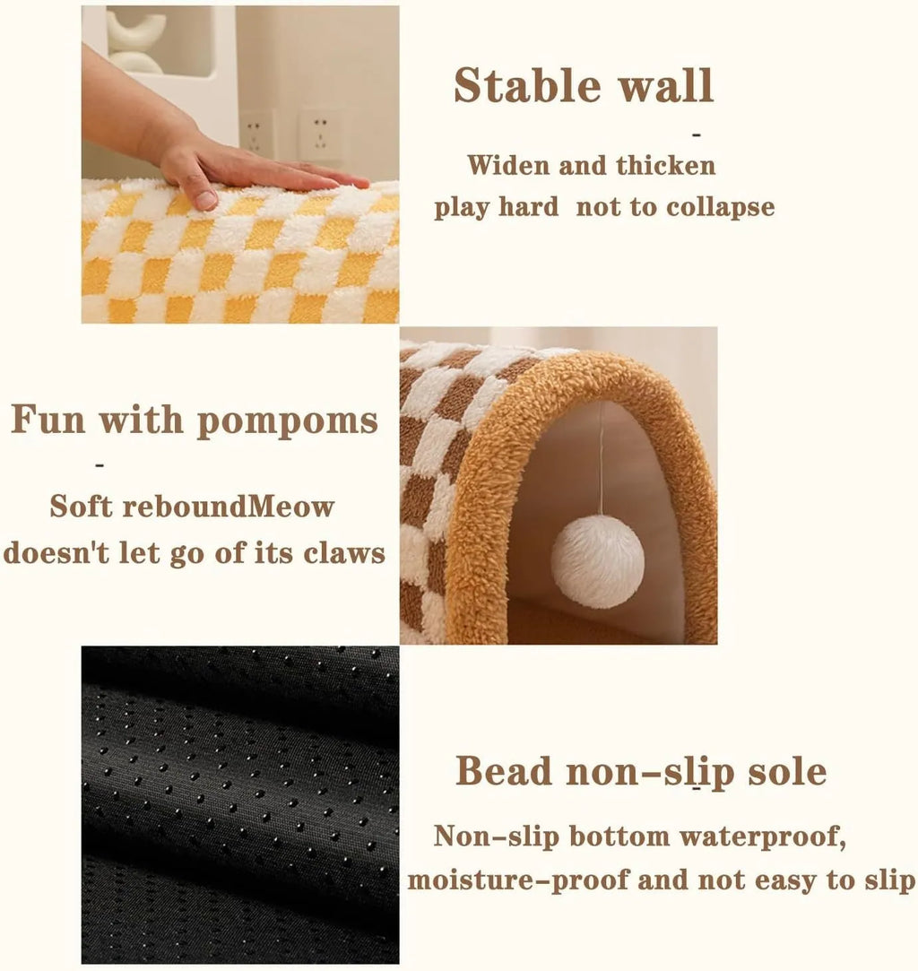 Brown plaid cat tunnel bed with central mat showing non-slip bottom and collapsible tunnel design