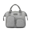 Pink grey waterproof Oxford cloth women's crossbody handbag showing external pocket and large main compartment.
