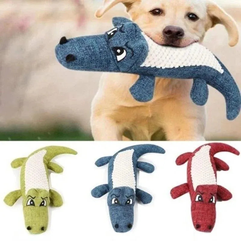 Pet plush toy in blue, green, or red with biting sound and teeth grinding texture for cats and dogs