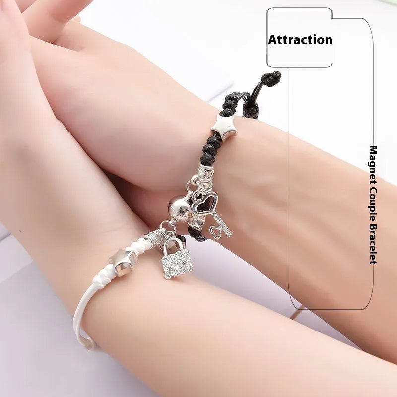Pair of adjustable alloy bracelets with magnetic clasp showing detailed design of Crown and Clover styles