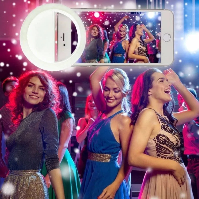 Selfie ring light with clip attached to mobile phone, showing LED bulbs and anti-slip sponge in green, white, black, or pink
