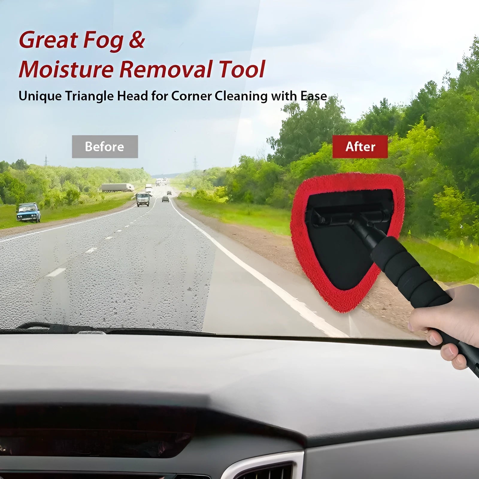 Plastic car windshield cleaning brush in red, green and sapphire blue colours