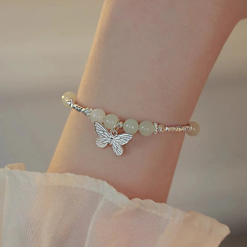 Hetian jade butterfly copper bracelet and necklace set with silver electroplating for women