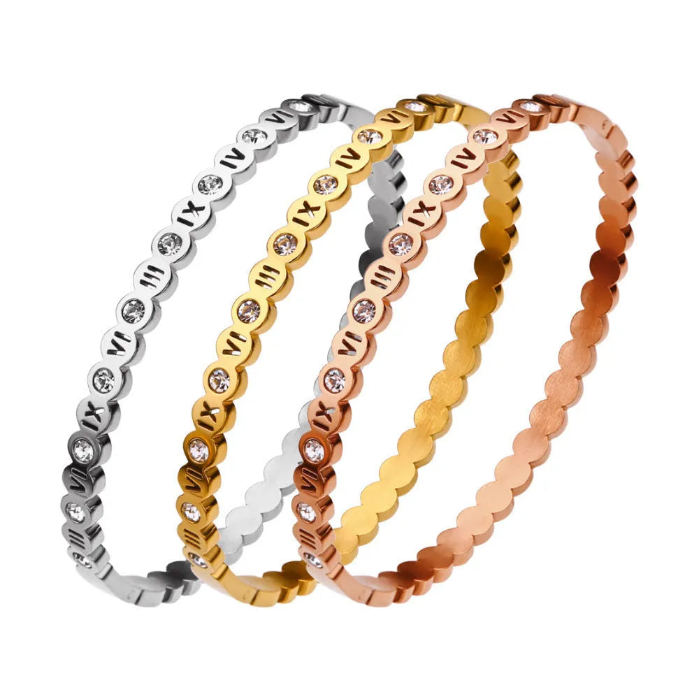 Korean style titanium steel bracelet with electroplated finish and numeric details in gold, rose gold, or steel colour