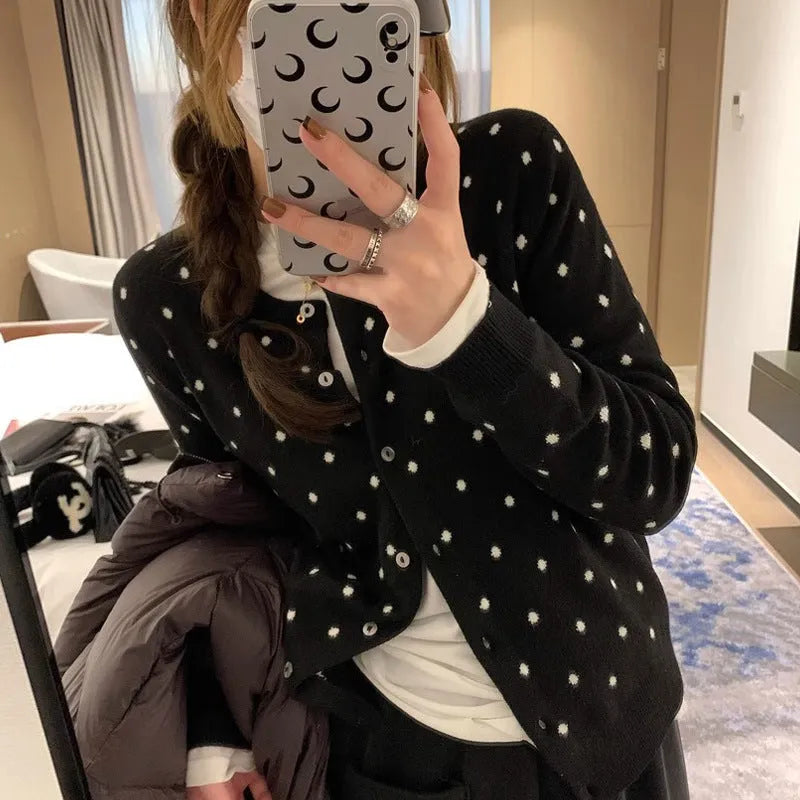 Women's gray dot knitted cardigan with crocheted flowers, 50cm length, viscose fibre, loose fit for autumn wear