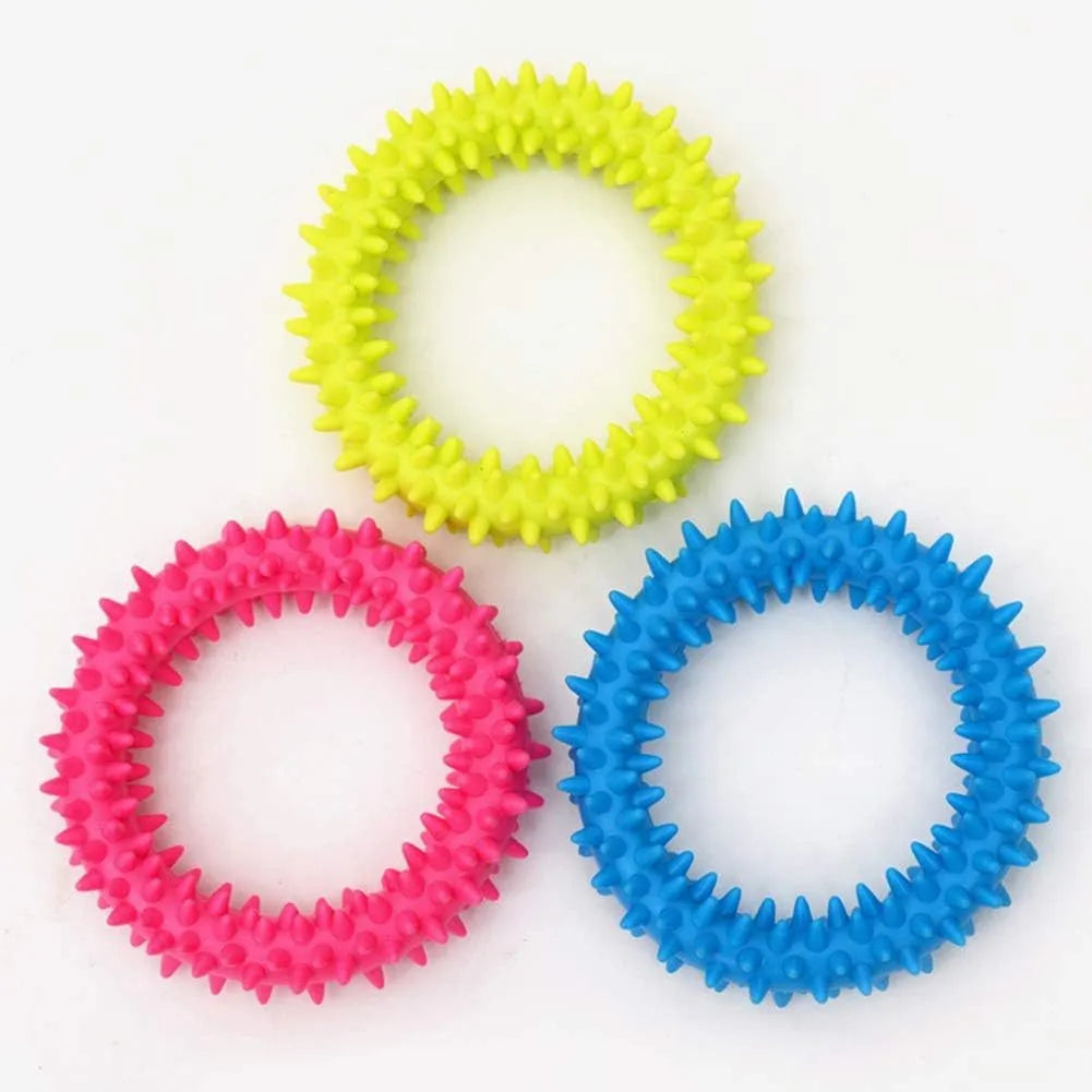 9.5cm TPR spiky circle ring dog chew toy in blue with dental cleaning nubs