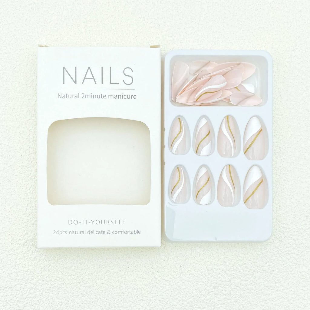 Set of plaid-patterned wearable nail stickers in medium drop shape with jelly glue colour.
