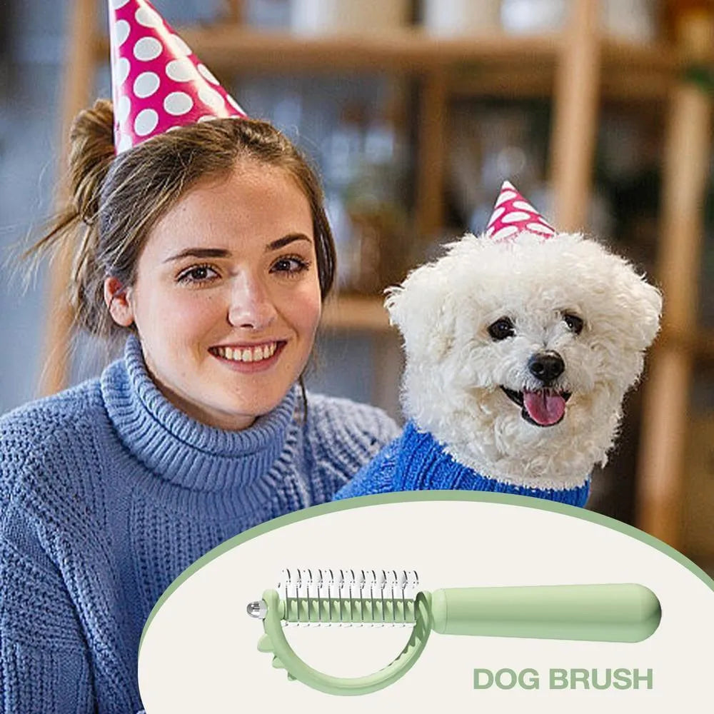 Blue dinosaur-shaped cat brush with stainless steel bristles for grooming and self-cleaning function