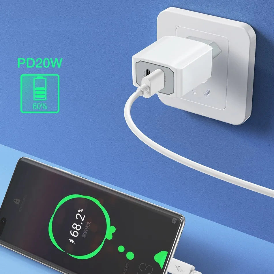 White phone fast charge charger set with European standard USB cable and 42x23x85mm fireproof ABS PC construction