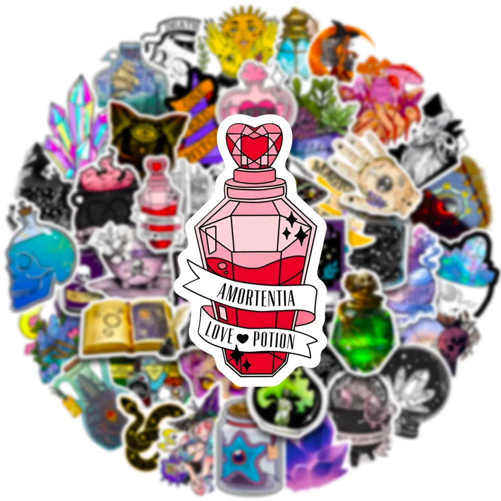 Set of 50 colourful waterproof PVC graffiti stickers for luggage and smooth surfaces, sizes 3-8cm.