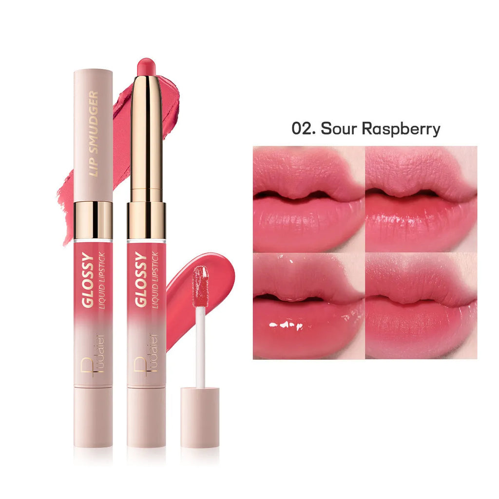 Double-headed lipstick showing matte end and gloss end with 10 colour options numbered 01-10